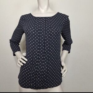 Ann Taylor Loft Slate Blue White Retro Preppy Polka Dot Pleated Blouse Size S
